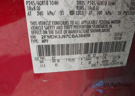 2012 Ford Edge Sel из США, поврежденный, VIN 2FMDK3J97CBA36406